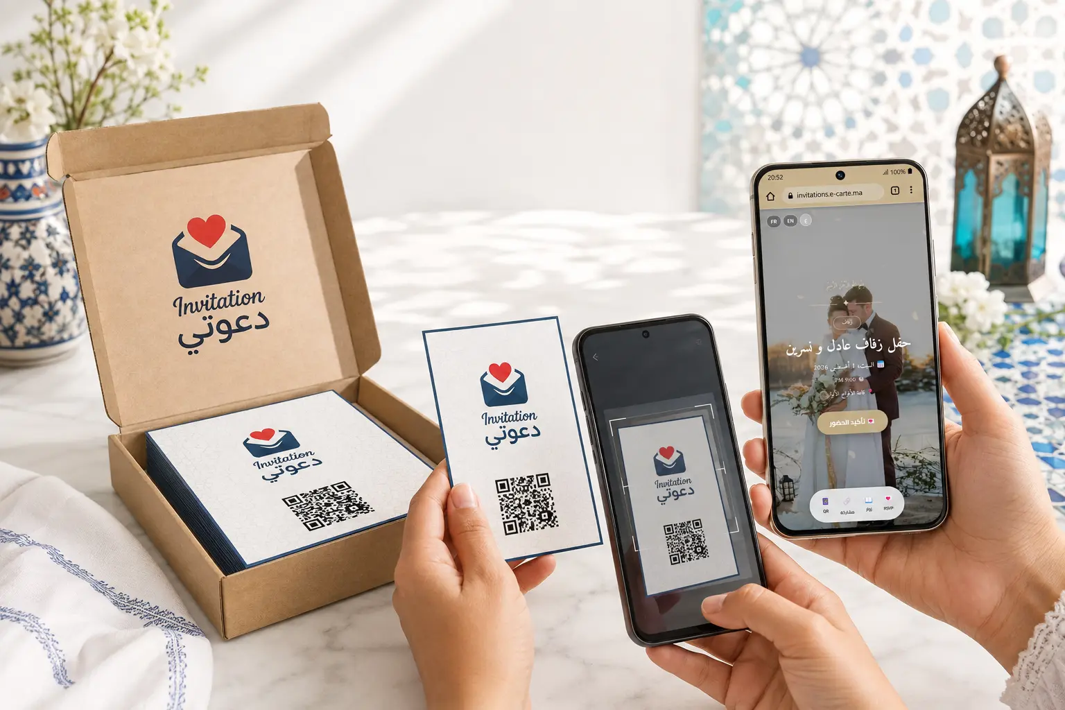 Box of pre-activated QR invitation cards and phones scanning a code and opening a digital wedding invitation